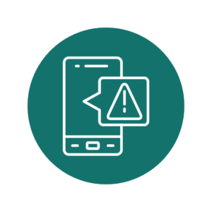 A smartphone icon with a warning notification displayed inside a speech bubble. The warning symbol consists of a triangle with an exclamation mark, indicating an alert or important message related to mobile devices.