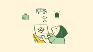 A person with their hands on a laptop keyboard is looking at something happening over their screen with a worried expression. They are white, have shoulder length dark hair and wear a green t-shirt. The overall image is illustrated in a warm, sketchy, cartoon style. Floating in front of the person are three small green illustrations representing different industries, which is what they are looking at. On the left is a hospital building, in the middle is a bus, and on the right is a siren with small lines coming off it to indicate that it is flashing or making noise. Between the person and the images representing industries is a small character representing artificial intelligence made of lines and circles in green and red (like nodes and edges on a graph) who is standing with its ‘arms’ and ‘legs’ stretched out, and two antenna sticking up. A similar patten of nodes and edges is on the laptop screen in front of the person, as though the character has jumped out of their screen. The overall image makes it look as though the person is worried the AI character might approach and interfere with one of the industry icons.