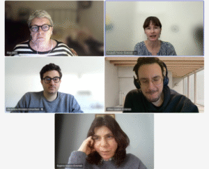 An online meeting with five participants on the camera, three women and two men