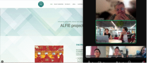 A screenshot of a virtual meeting with six participants on a video call. The right side of the screen shows the video call interface with individual video feeds, including a person labeled "documPilar" in the top row, a group labeled "Marco Salazar" in the middle row (two people sitting together at a desk), and participants "Estella Oncins", "Maria Eleni Skarkala", and "Kostas Avgerinakis" in the bottom row. The left side of the screen displays the website of the ALFIE project, which focuses on enhancing accessible, ethical, and unbiased AI. The website features geometric designs and text about the project.