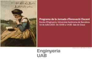 Illustration of a woman reading a book outdoors with mathematical formulas above her head. Text on the right reads: ‘Programa de la Jornada d’Innovació Docent, Escola d’Enginyeria, Universitat Autònoma de Barcelona, 16 de Juliol 2025. De 10:00 a 14:00. Sala de Graus.’ Enginyeria UAB logo at the bottom.