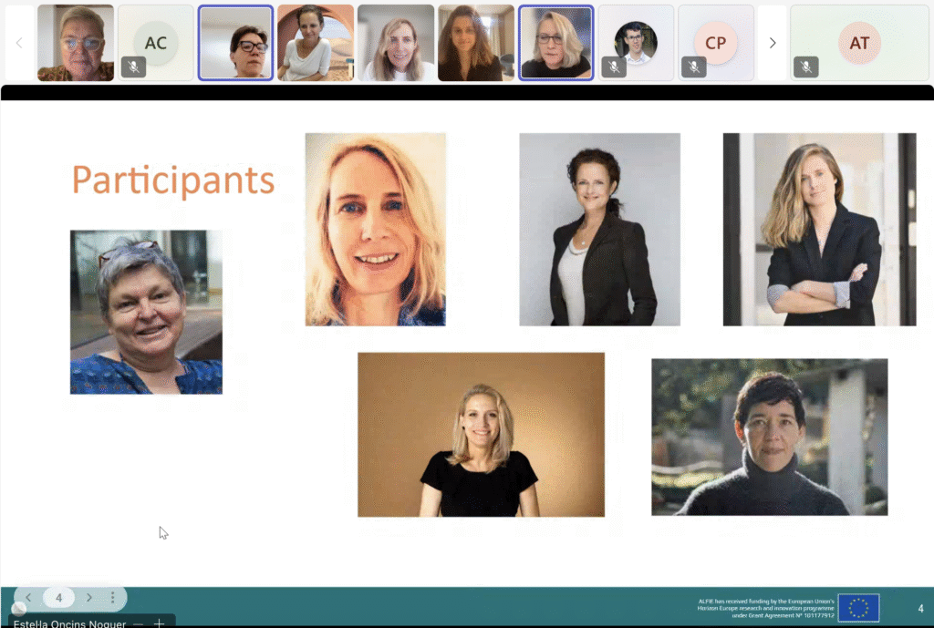 Screenshot from the ALFIE Affiliate Session showing a slide titled “Participants,” with photos of five panelists and additional participants visible in the virtual meeting bar.
