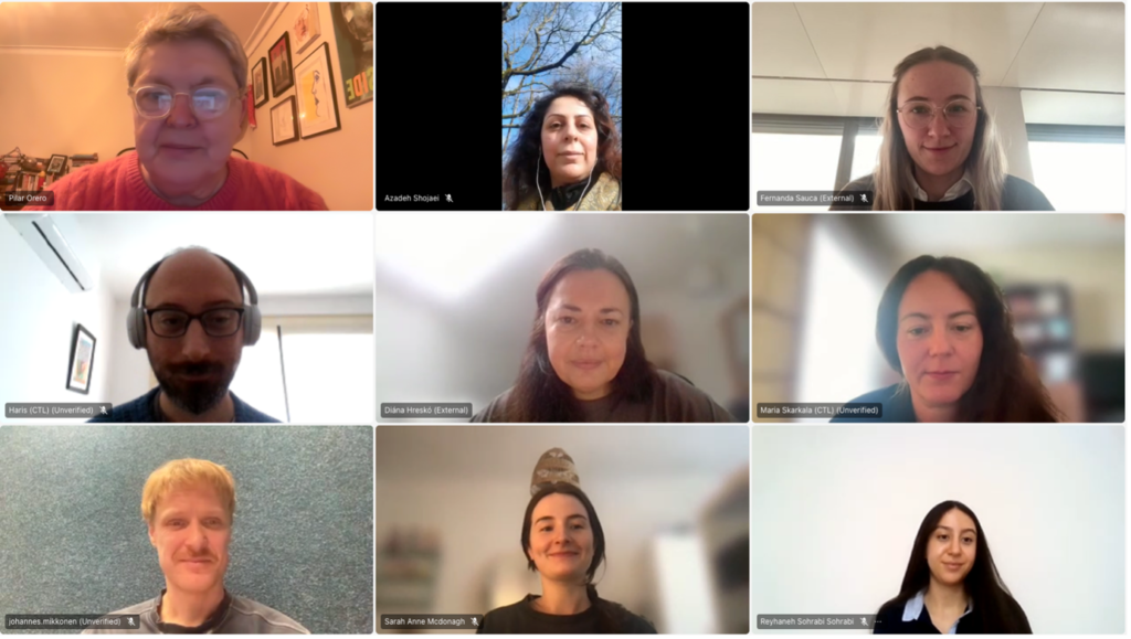 Screenshot of an online clustering meeting showing nine participants in a video call grid. The participants represent the projects ALFIE, AI4POL, FORSEE and SPICE and are meeting to plan a joint event for Global Accessibility Awareness Day 2026. Each participant appears in an individual video window.