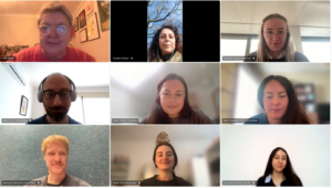 Screenshot of an online clustering meeting showing nine participants in a video call grid. The participants represent the projects ALFIE, AI4POL, FORSEE and SPICE and are meeting to plan a joint event for Global Accessibility Awareness Day 2026. Each participant appears in an individual video window.
