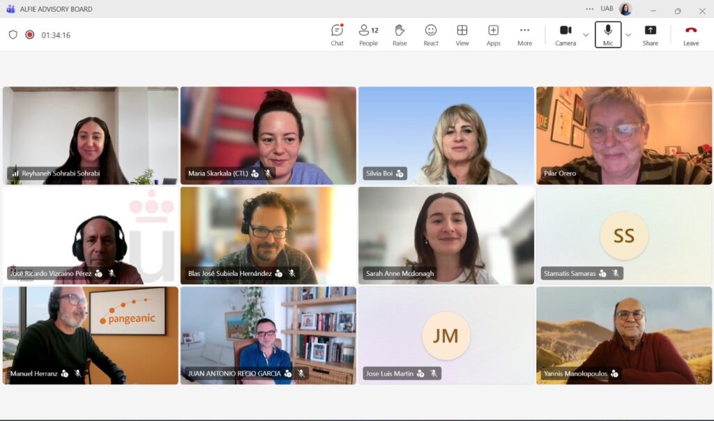 Screenshot of a virtual advisory board meeting in a video conferencing app, showing a 3-by-4 grid of 12 participants. Most participants have their cameras on and are smiling or listening, appearing in home or office settings with bookshelves, plants, or neutral backgrounds. Two participants have cameras off, represented by circular icons with initials. Names are displayed on each tile. The top bar shows the meeting title “ALFIE Advisory Board,” a duration of about 1 hour and 34 minutes, and controls such as chat, participants, reactions, camera, microphone, screen share, and leave.
