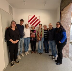 Group photo taken at FESOCA headquarters during the ALFIE/UAB focus group. Pictured are representatives from the Universitat Autònoma de Barcelona—Anna Matamala, Pilar Orero, and Aida Villaécija—together with FESOCA president Albert R. Casellas, Éric Alcantara, Deaf participants Pepita Cedillo and Berta Viñas, and Marta Bosch.