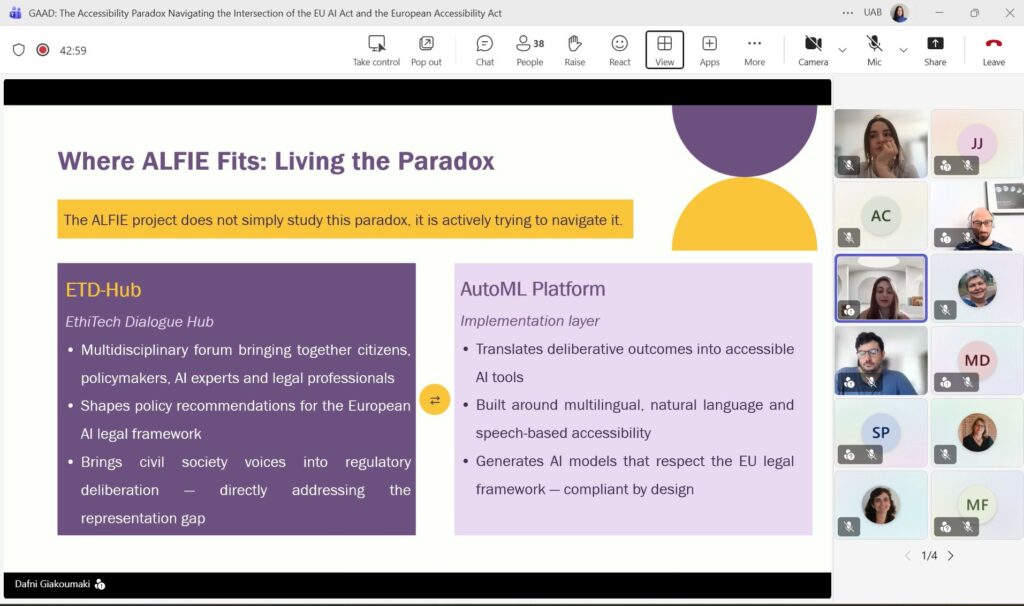 A presentation slide featuring purple typography that reads: 'Where ALFIE fits: Living the Paradox'.