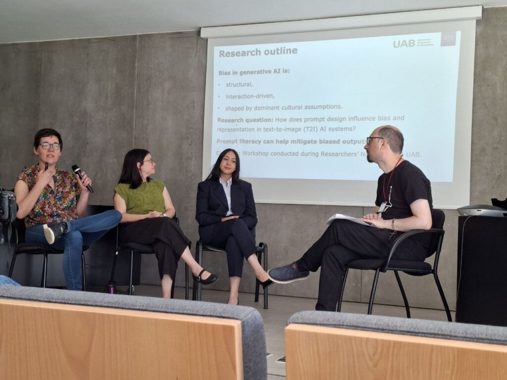 Dr. Estella Oncins speaking into a microphone during the TANC 2026 conference panel discussion. The other panelists listen intently in front of a UAB presentation slide addressing research questions on prompt design and bias in text-to-image systems.
