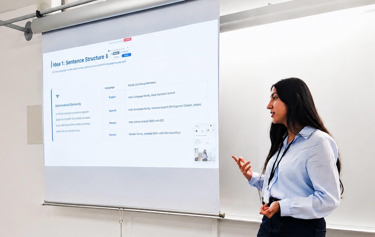 A female researcher presenting a slide on how sentence structure and grammar similarity across different language families affect how artificial intelligence models transfer skills