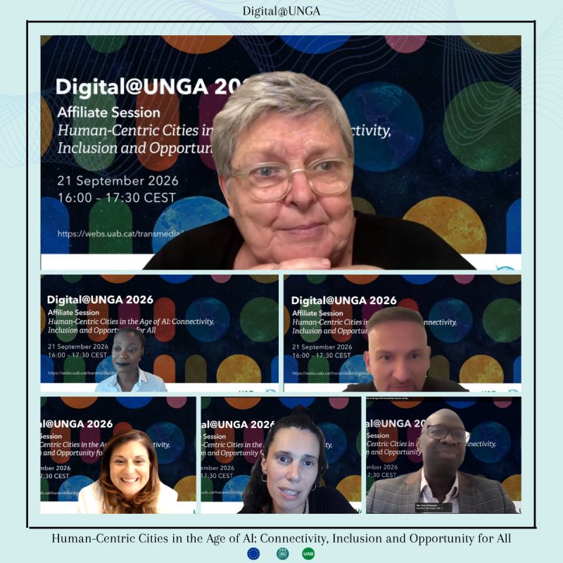 A digital flyer with a thin black border presents a virtual session titled 'Digital@UNGA 2026 Affiliate Session Human-Centric Cities in the Age of AI: Connectivity, Inclusion and Opportunity for All.' A large photo of a woman with short blond hair, and five smaller photos of diverse people with short dark hair in smaller rectangles.